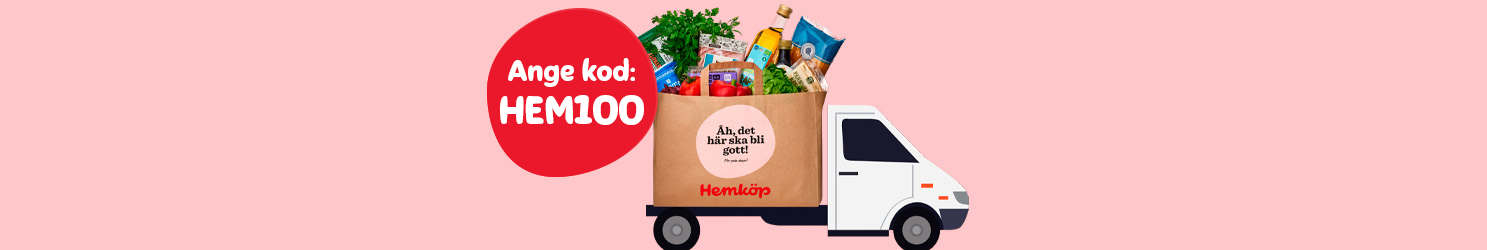 En lastbil med en fylld matkasse från Hemköp på flaket kör åt höger i bild och i förgrunden syns en bubbla med texten "Ange kod HEM100".