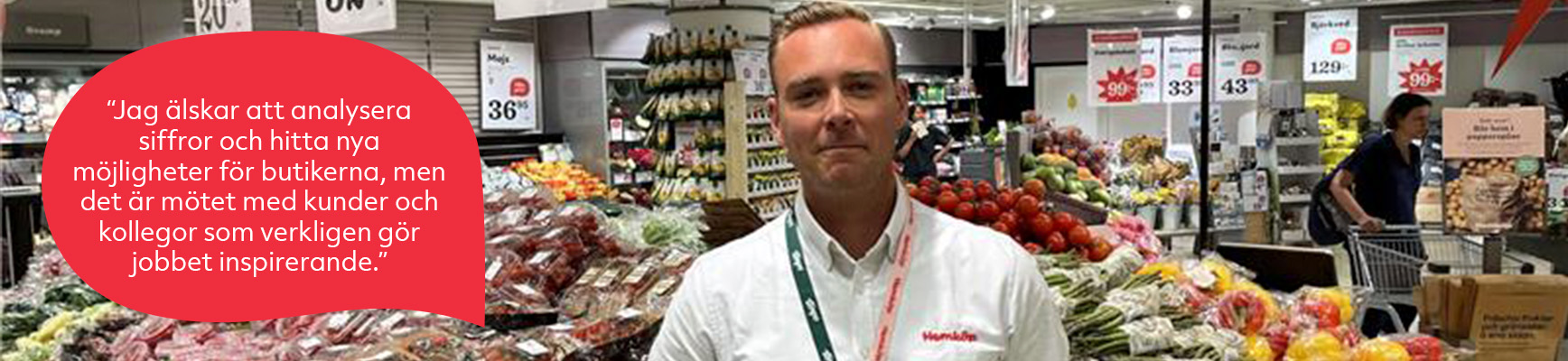Regionchef Jesper Jangeborg står i en frukt- och gröntavdelning i en Hemköpbutik och ler.