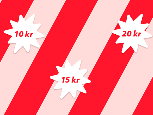 Vita stjärnor med texten "10 kr", "15 kr", "20 kr", "25 kr" och "30 kr" på en röd- och rosarandig bakgrund.